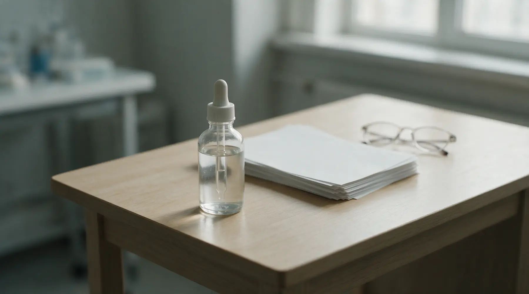 A restrained editorial still life of a dropper bottle beside blank study papers and reading glasses.