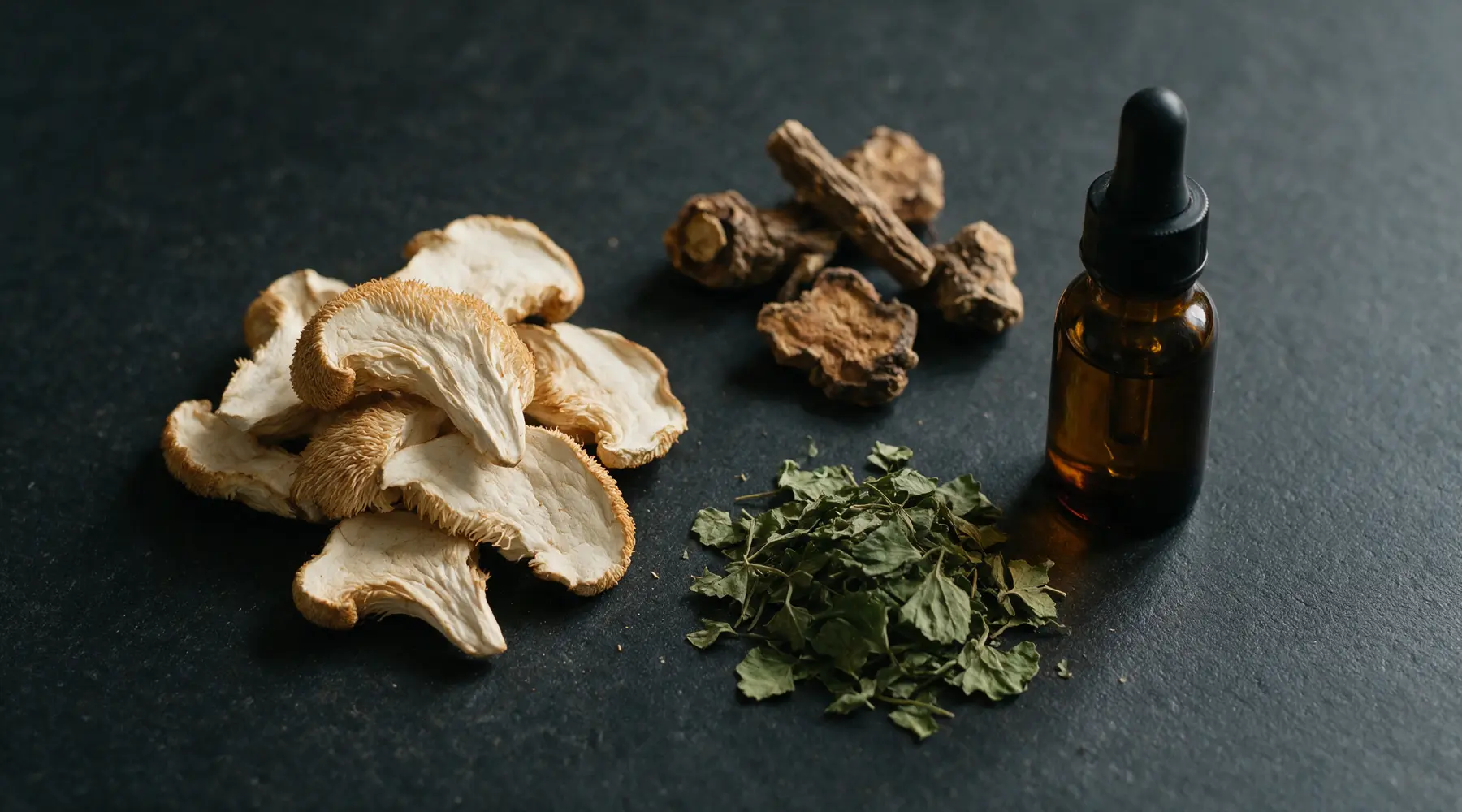 An editorial flat-lay of dried lion's mane, rhodiola root, gotu kola leaves, and a small dropper bottle.