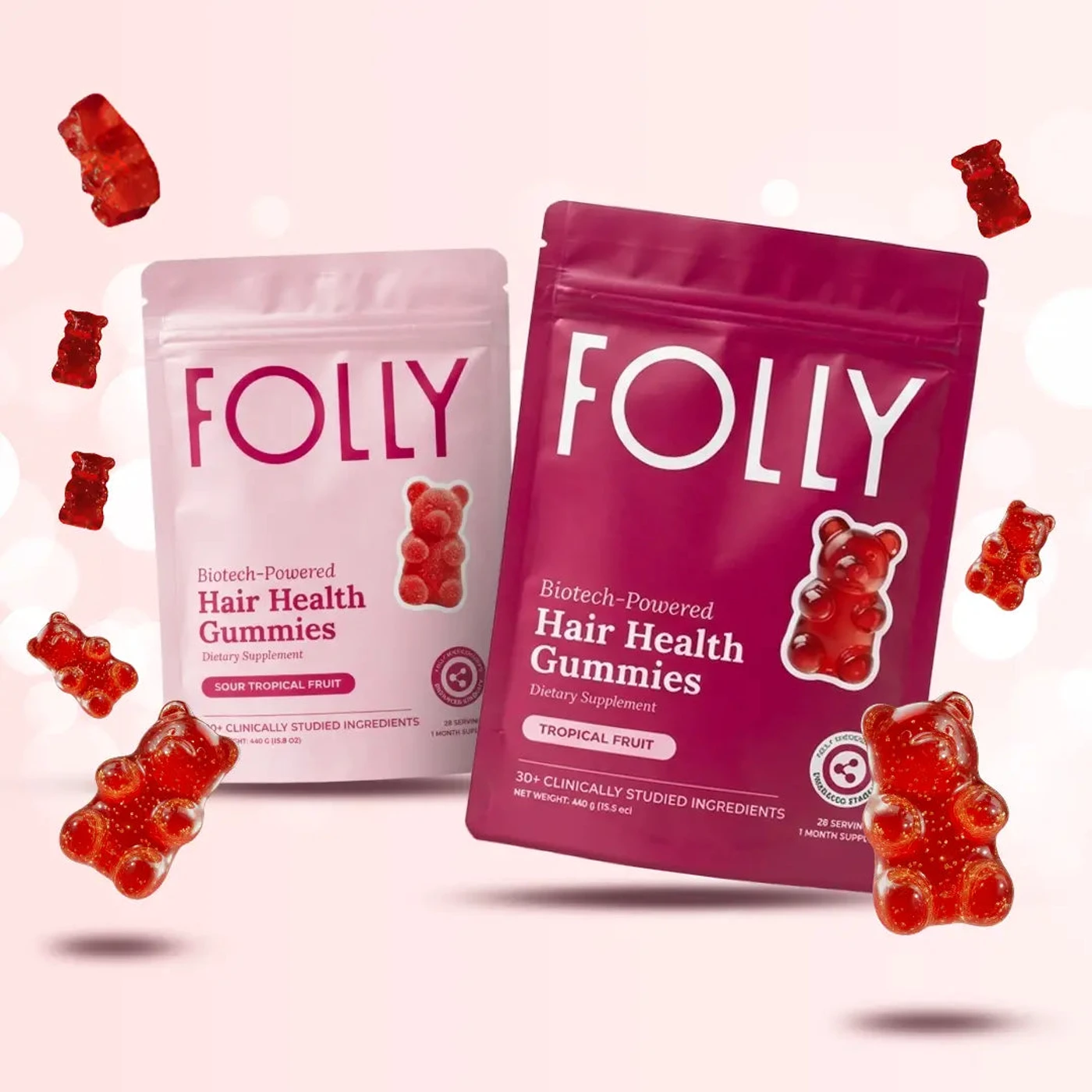 Folly Nutrition Hair Health Gummies, two flavor bags
