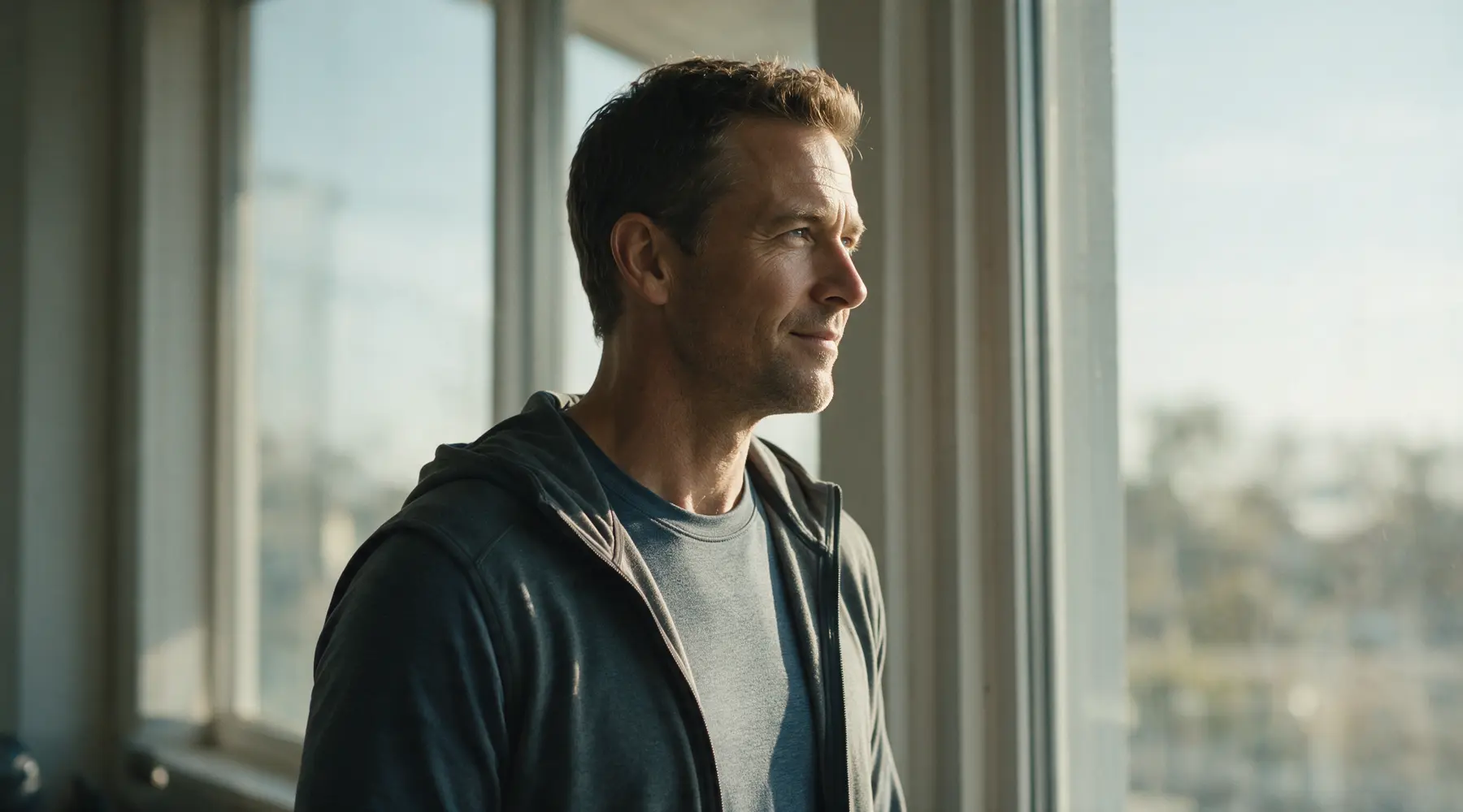 A man in his late 40s standing calmly by a window in soft morning daylight.