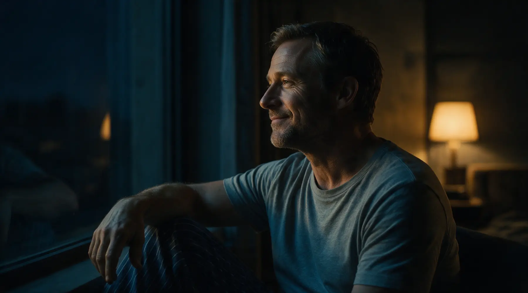 A man in his early 50s sitting calmly by a window at night, softly lit by a lamp.