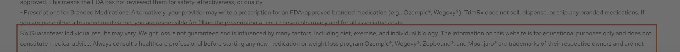 Real screenshot of TrimRx's own disclaimer: 'No Guarantees: Individual results may vary. Weight loss is not guaranteed...'