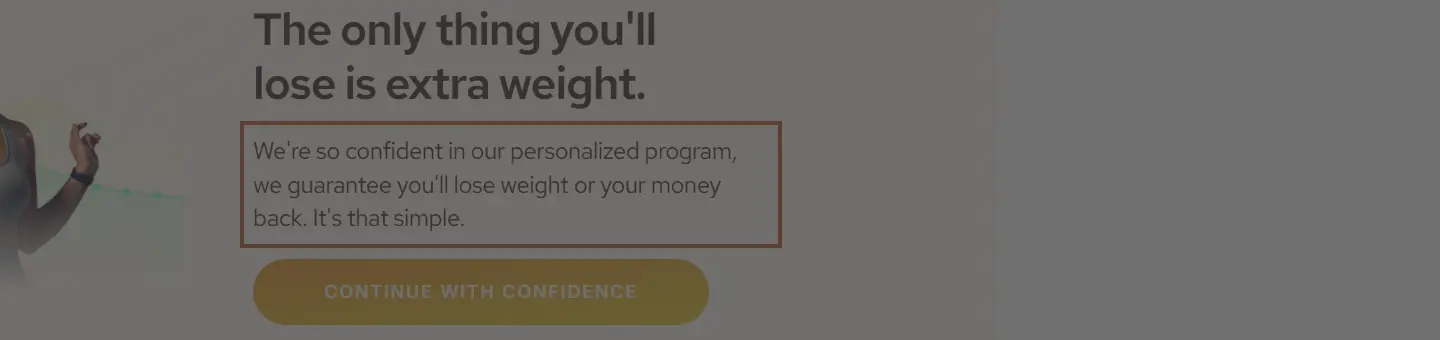 Real screenshot of TrimRx's own page: 'We're so confident in our personalized program, we guarantee you'll lose weight or your money back. It's that simple.'