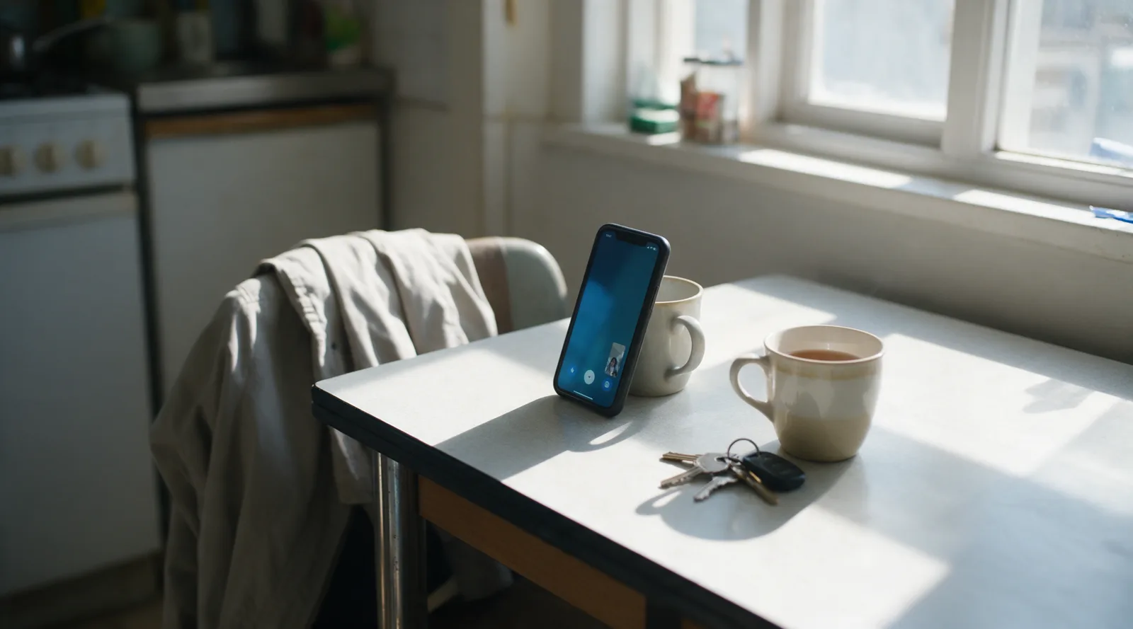 A smartphone propped on a kitchen table mid video call, morning light, a cup of tea and keys nearby.