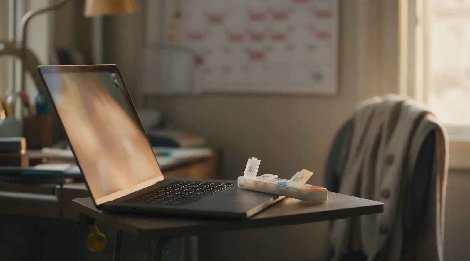 A laptop open on a desk mid video call, afternoon light, a weekly pill organizer and wall calendar nearby.